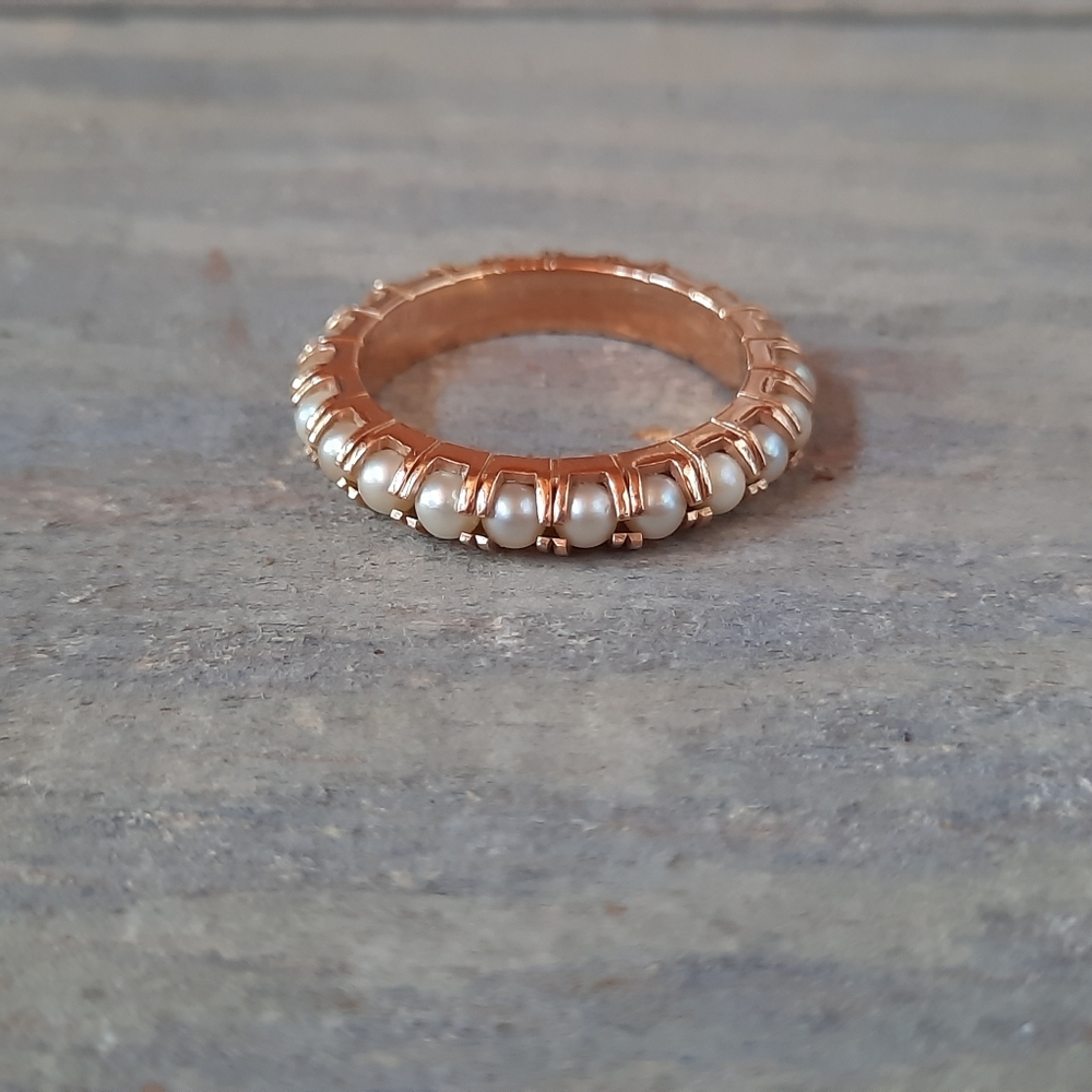 Vintage 18K Yellow Gold Custom Cultured Pearl Eternity Band Ring